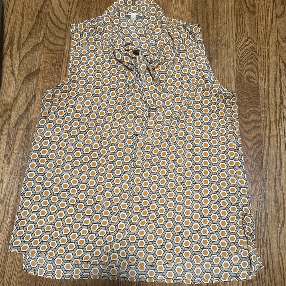 Sleeveless Geometric Print Tie-Neck Blouse - Mustard & White